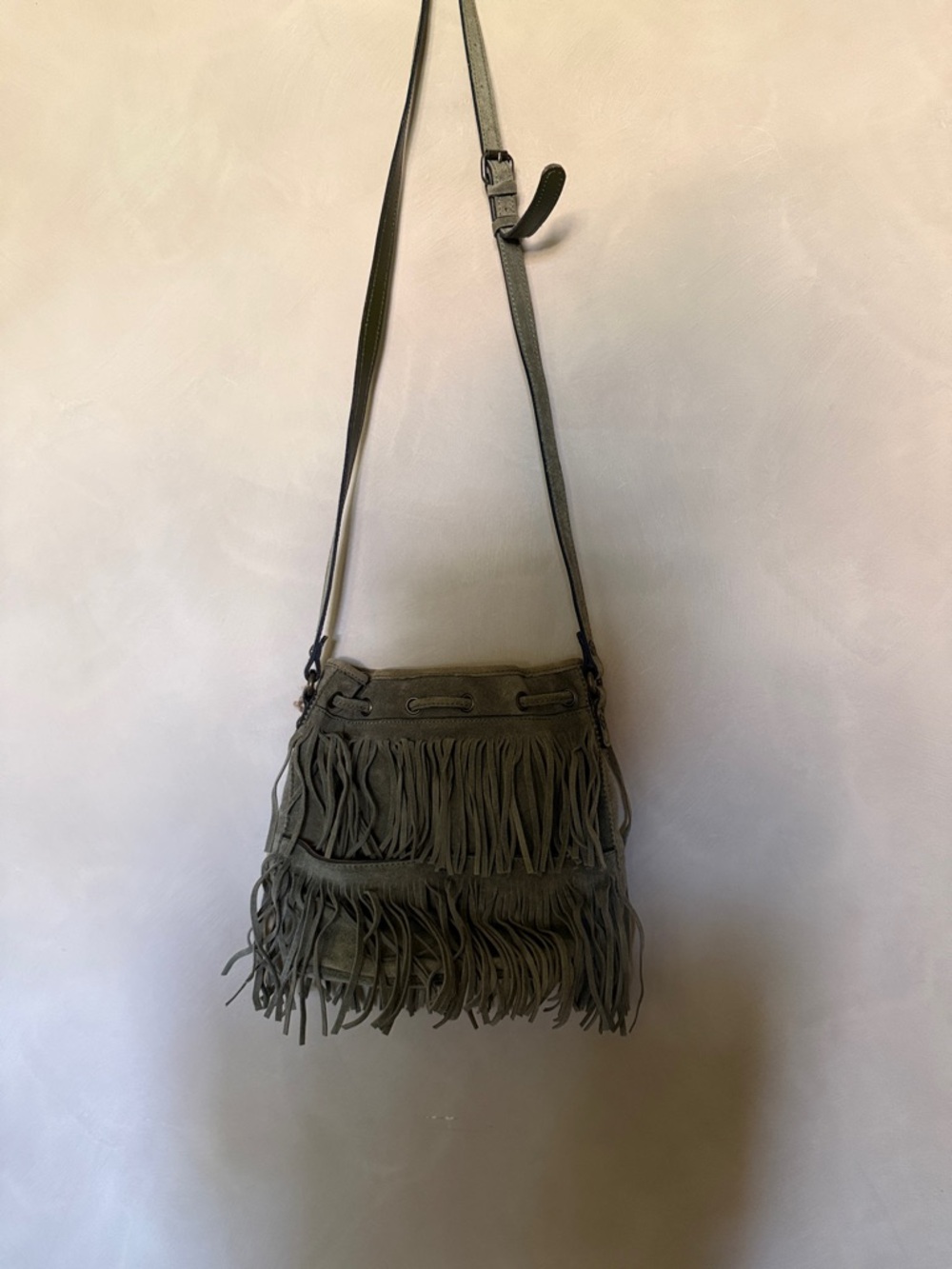 PATRICIA NASH Bronte olive green suede fringe boho crossbody bucket bag NWT - Picture 3 of 5